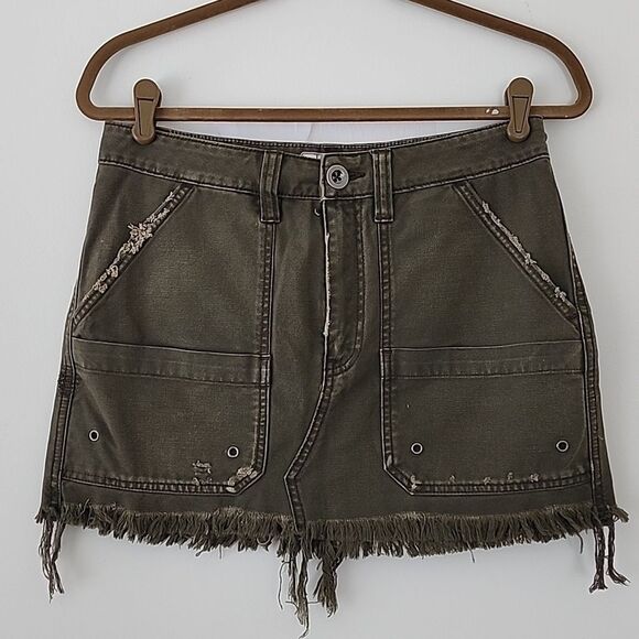 Free People Tahini Green Denim Canvas Frayed Hem Mini Skirt 27 (box12) - Picture 2 of 11